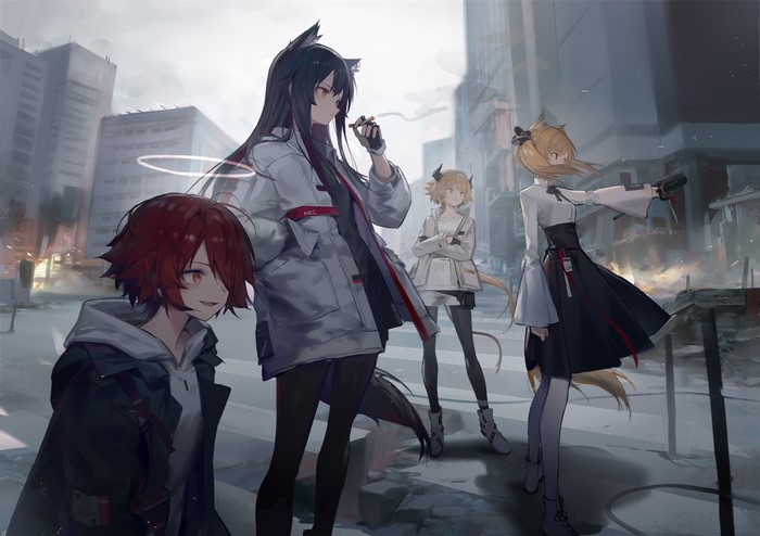 Four anime girls in a city street