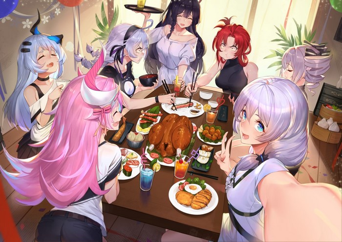 Anime girls enjoying a meal from Honkai Impact 3rd