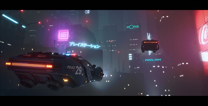 Futuristic Police Cars in a Neon City