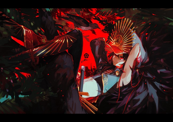 Oda Nobunaga from Fate/Grand Order with a bird