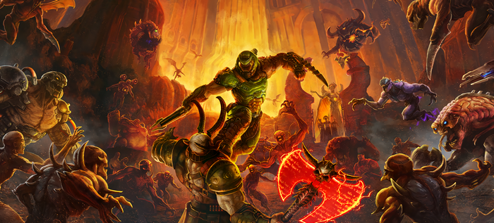 4K artwork of Doom Slayer fighting demons in hell
