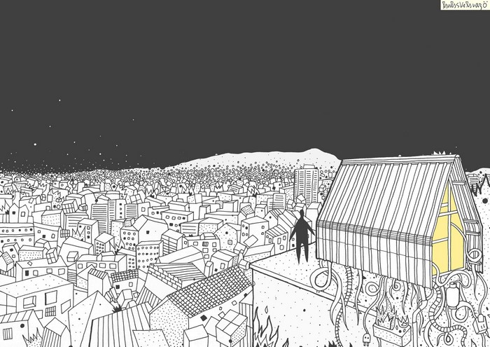 A surreal cityscape with a strange house and a lone figure