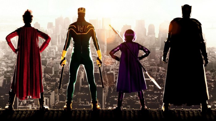 Kick-Ass and Hit-Girl with allies overlooking city