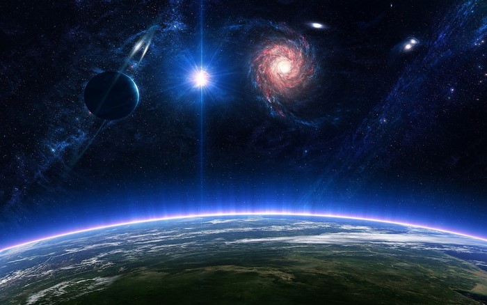 Digital art of a planet, stars, and galaxies