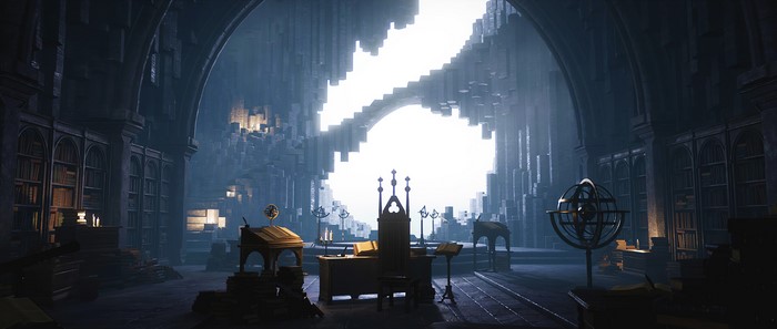 4K Library with Ornate Chair and Astrolabe