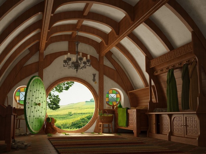 Hobbit hole interior with round door overlooking a field