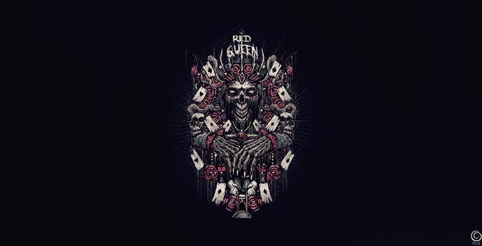 Red Queen skull artwork with playing cards and roses