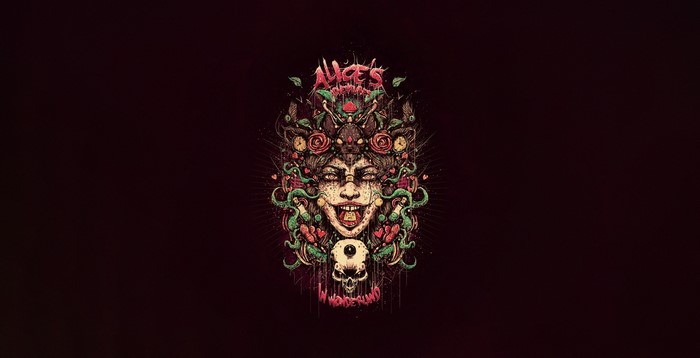 Alice in Wonderland artwork with skull and roses