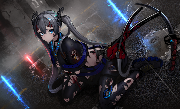 Anime girl with twintails and aqua eyes, torn clothes, katana
