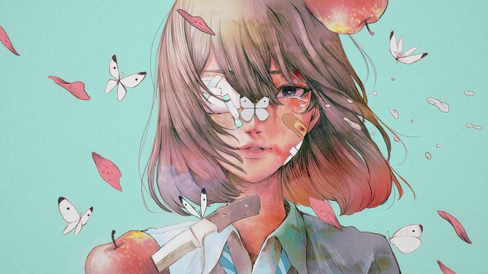Anime girl with bandages, knife, apples, and butterflies