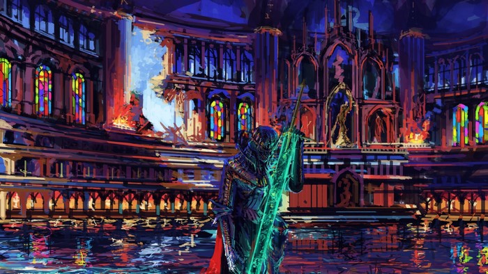 Knight with glowing sword in a colorful cathedral