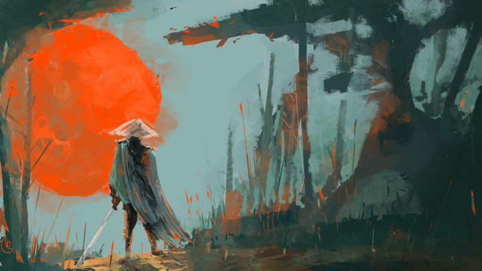 Samurai in front of a large orange sun