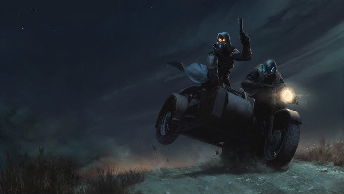 Two figures in gas masks riding a motorcycle with a sidecar at night