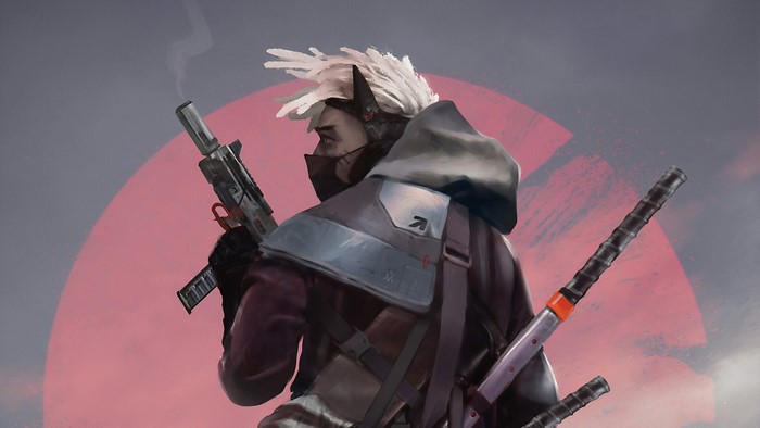 Cyberpunk warrior with futuristic weapons and swords