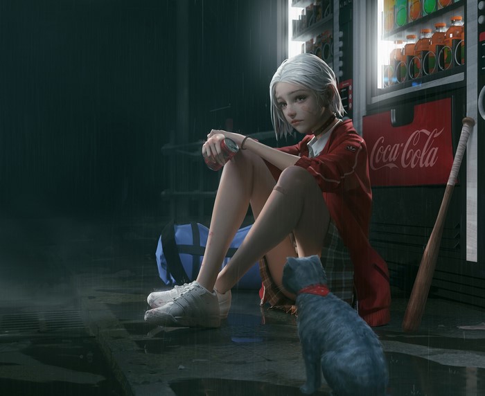 Anime girl with cat and baseball bat by Coca-Cola machine