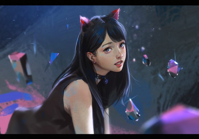 Anime cat girl with pink cat ears and black hair