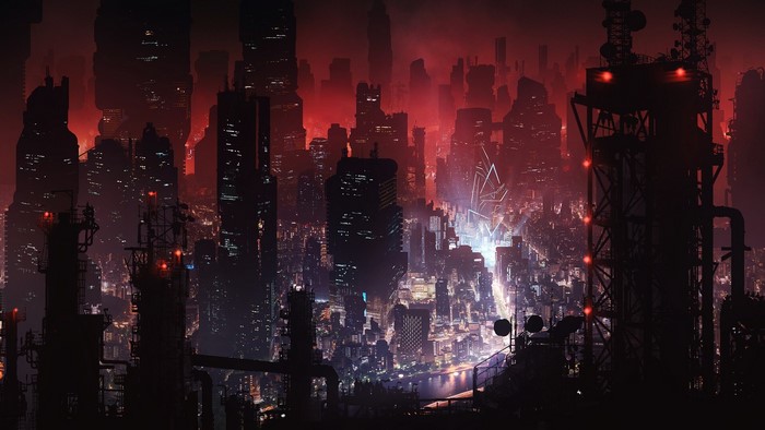 Dark futuristic cityscape with red sky and glowing lights