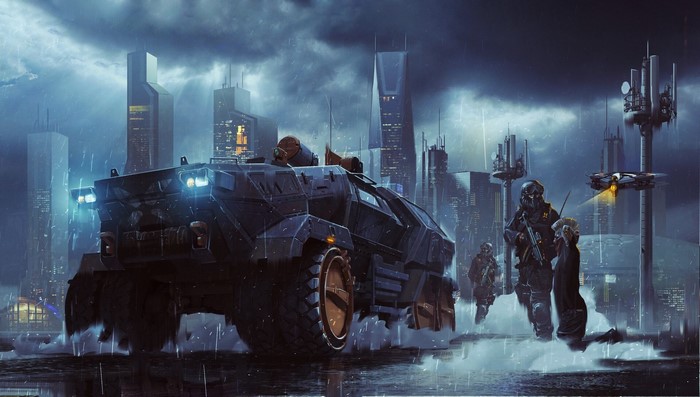 Futuristic armored vehicle and soldiers in a rainy city