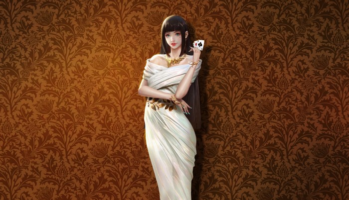 Anime girl in white dress holding playing card