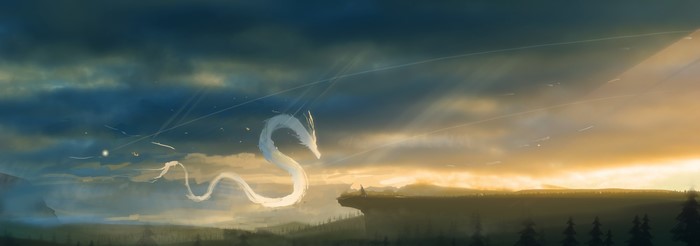 Fantasy art of a dragon in the sky