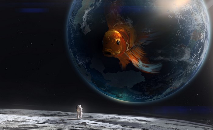 Astronaut on Moon watches giant goldfish in Earth
