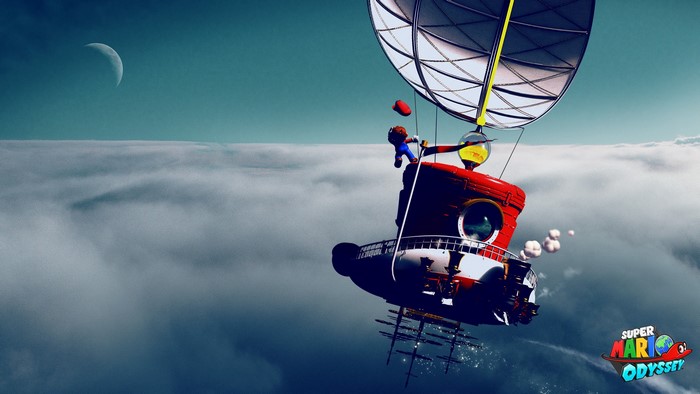 Mario from Super Mario Odyssey on a blimp