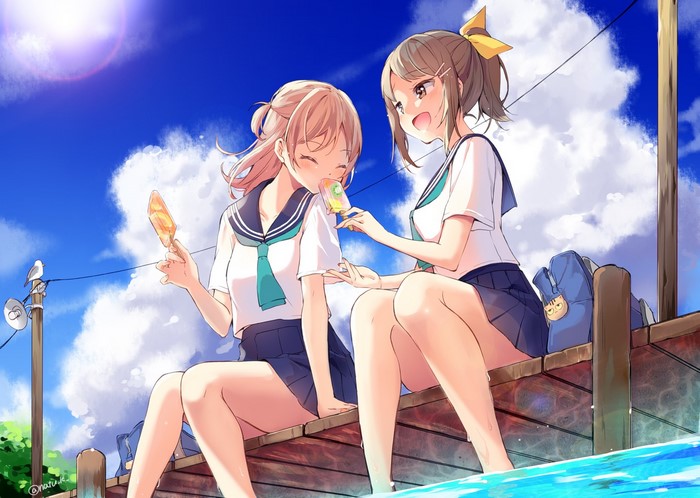 Anime girls in school uniforms eating ice cream