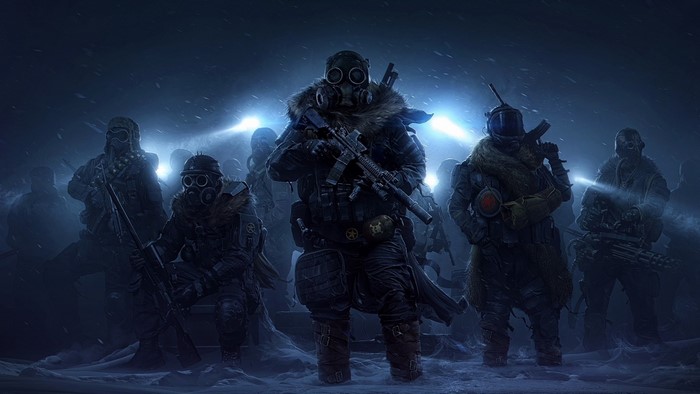 Soldiers in gas masks in a snowy wasteland