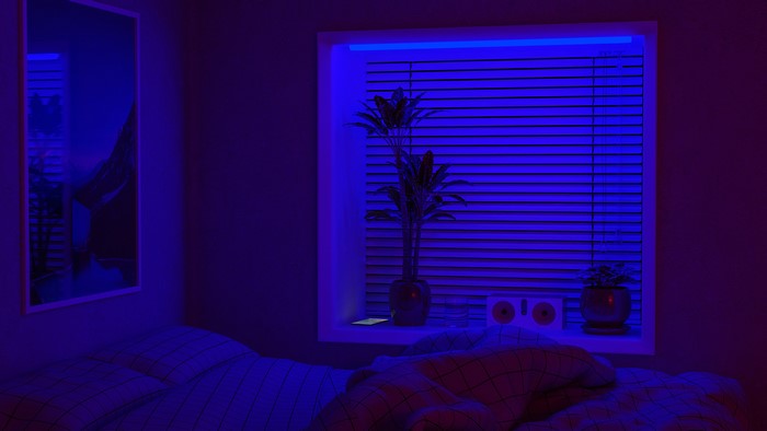 Bedroom with blue neon lights and plants