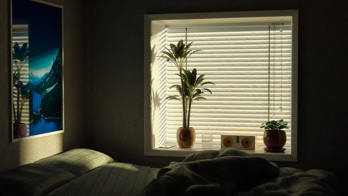 Bedroom with plants and a poster