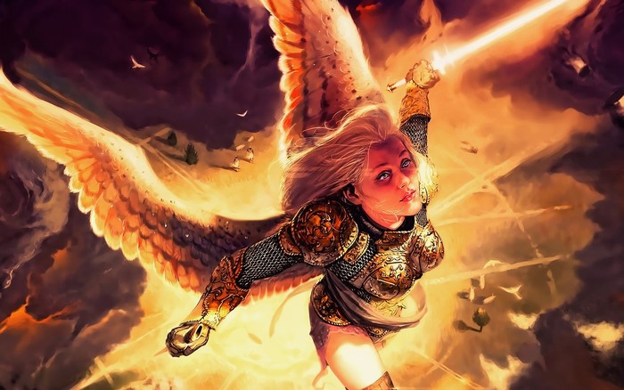 Angel with sword flying over landscape