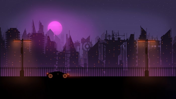 Vaporwave cityscape with a futuristic car at night