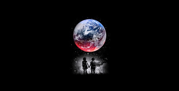 Children holding hands looking at Earth in space