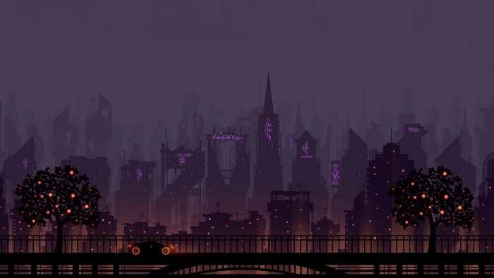 Pixel art cityscape at night with a car on a bridge