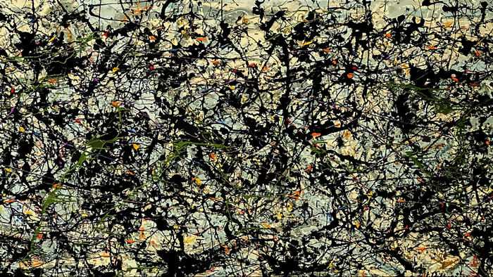 Abstract painting with black, white, and colorful paint splatters