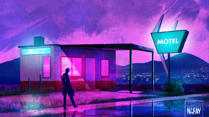 Motel and Coffee Shop at Night with Neon Lights