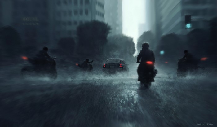 Motorcyclists and car in a rainy city