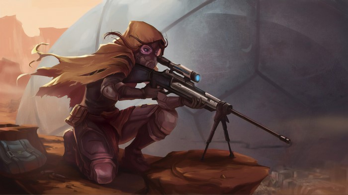 Girl with sniper rifle in desert environment
