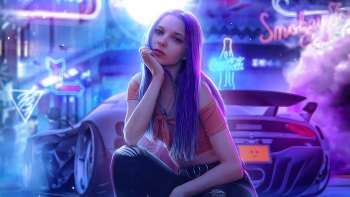 Woman with purple hair and a sports car in neon city