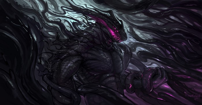 Dark fantasy creature with purple glowing eyes and tentacles