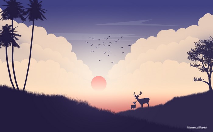 Deer silhouette at sunset with palm trees and birds
