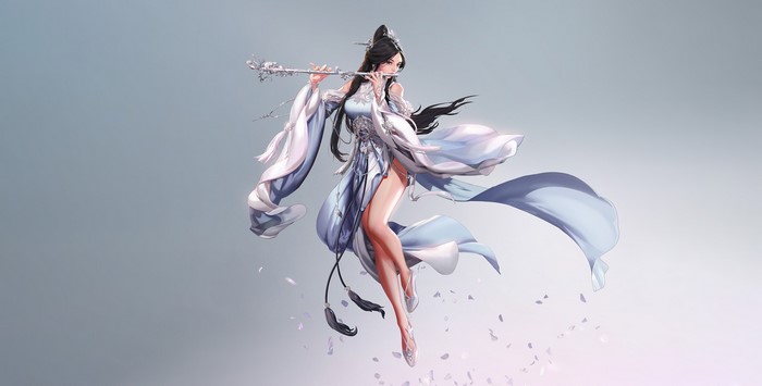 Fantasy girl playing a flute with flowing robes