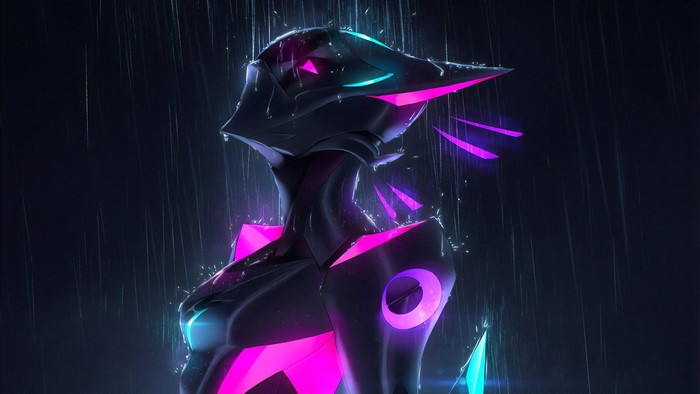 Futuristic robot in the rain with neon lights