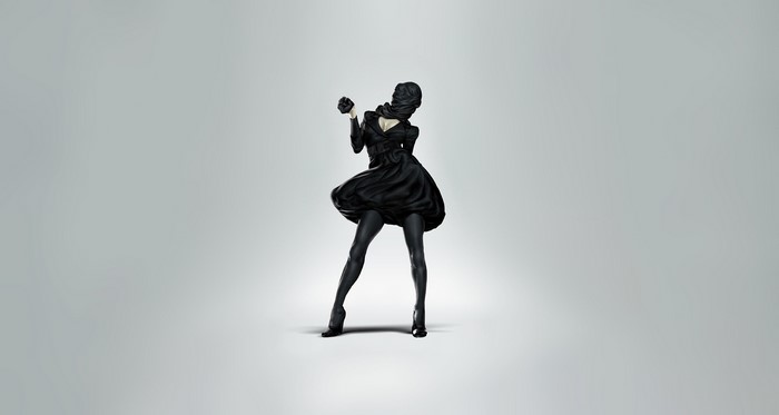 Woman in black dress and tights