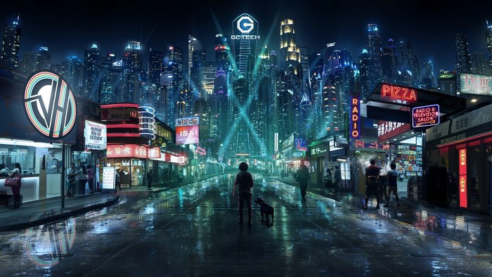 Futuristic city street with neon lights and skyscrapers