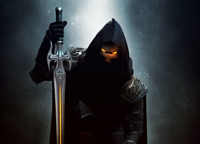 Fantasy warrior with glowing eyes holding a sword