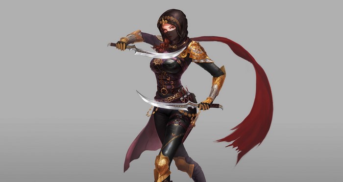 Fantasy assassin with two curved daggers