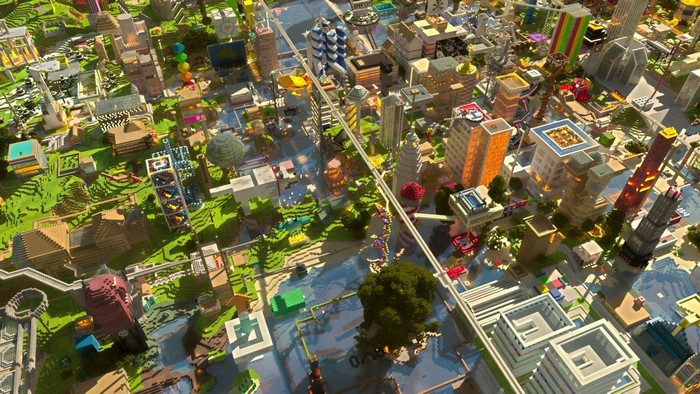 Minecraft city with voxel buildings and roads