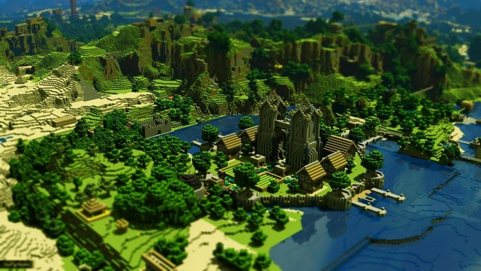Minecraft village with castle and river