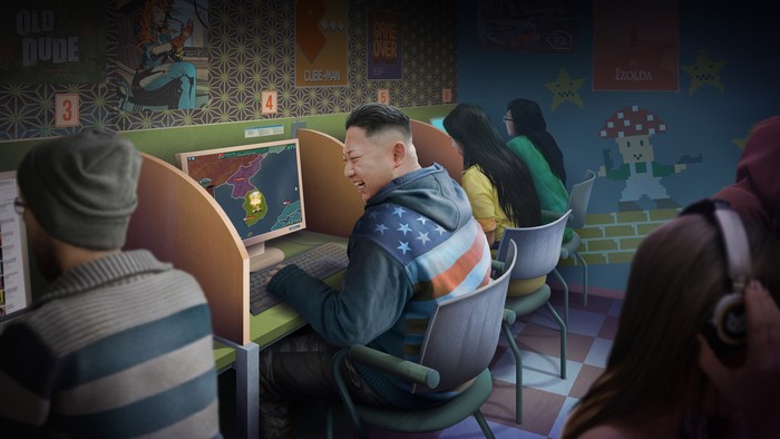 Kim Jong-un playing a strategy game in an internet cafe